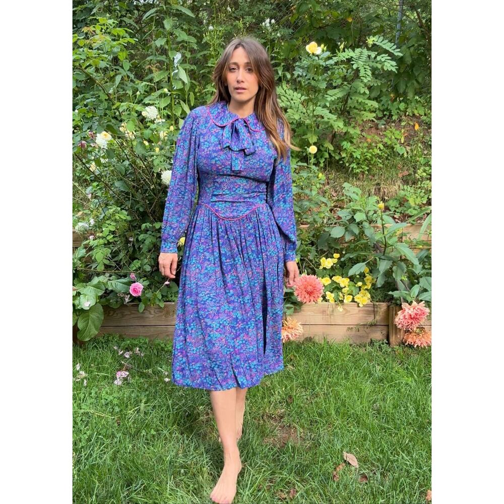 1980s Violet Prairie Dress, Peter Pan Collar, Floral Print